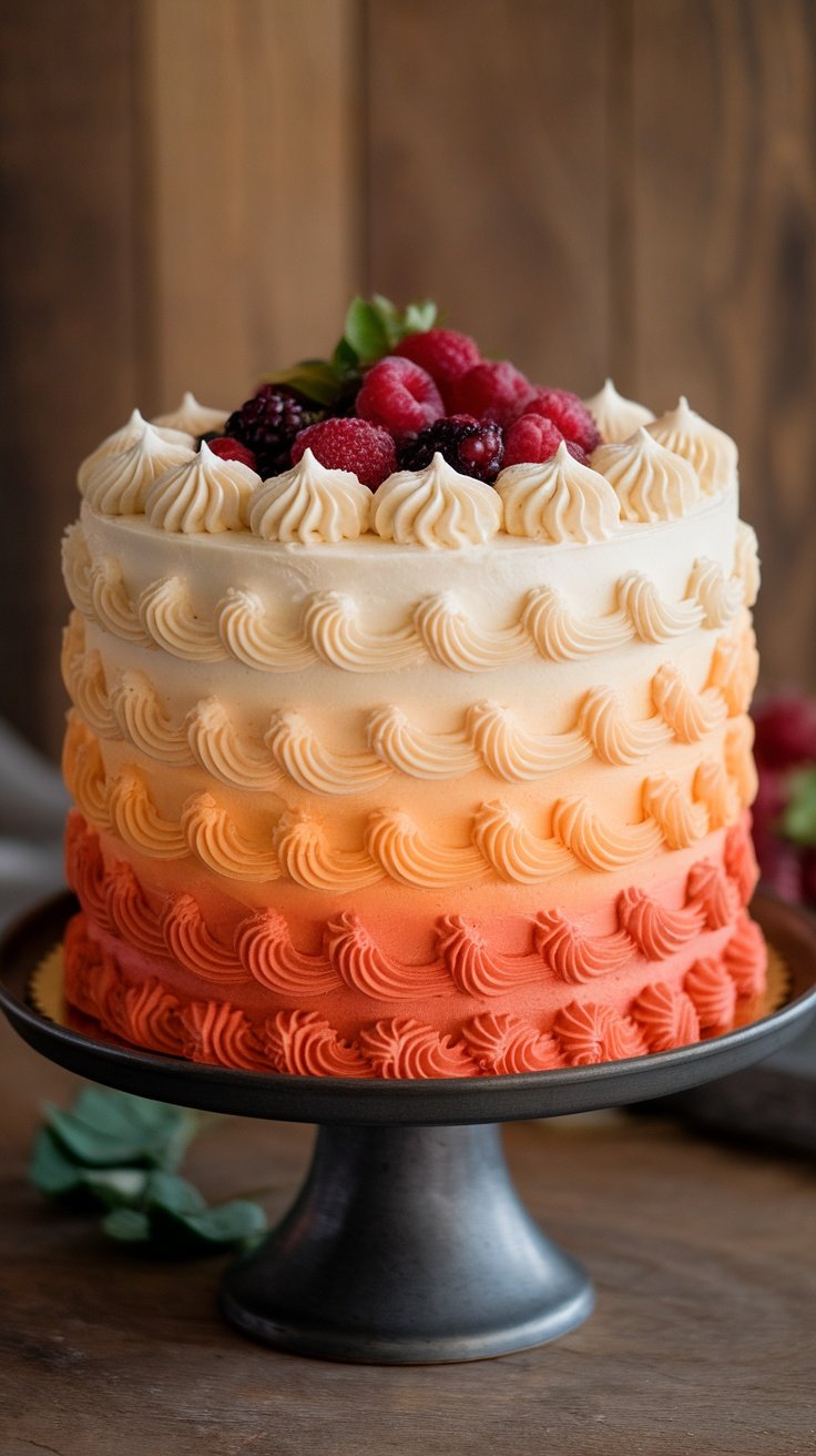 A beautifully decorated ombre buttercream cake with layers of color and topped with fresh berries. birthday cakes for women 