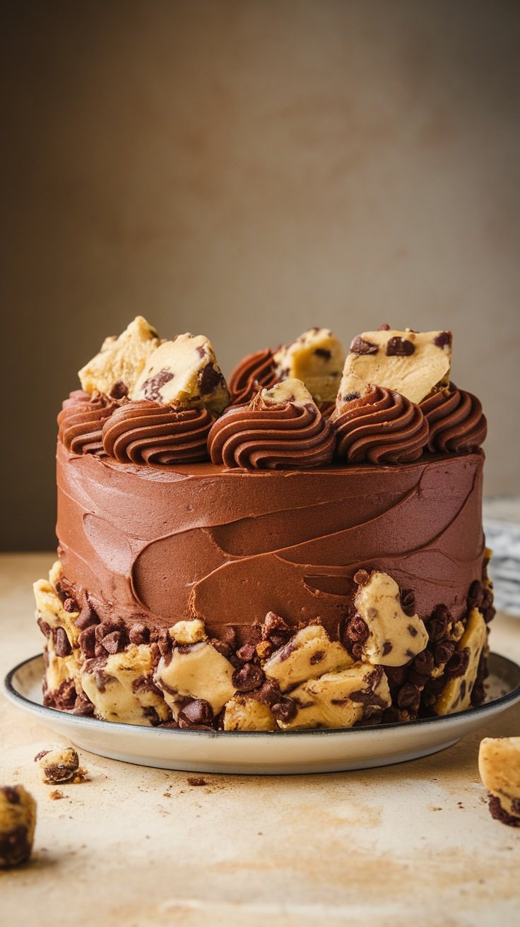 Chocolate Chip Cookie Dough Cake with frosting and cookie dough pieces