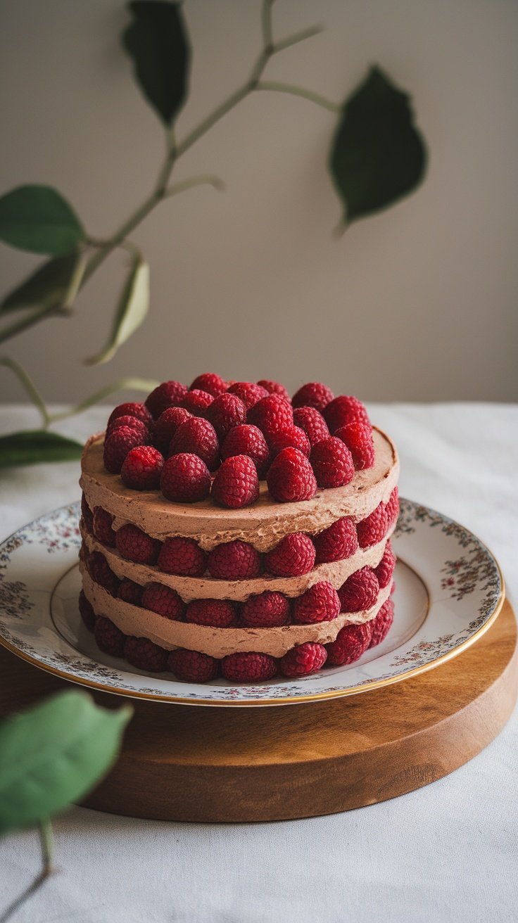 A beautiful chocolate raspberry mousse cake layered with fresh raspberries.