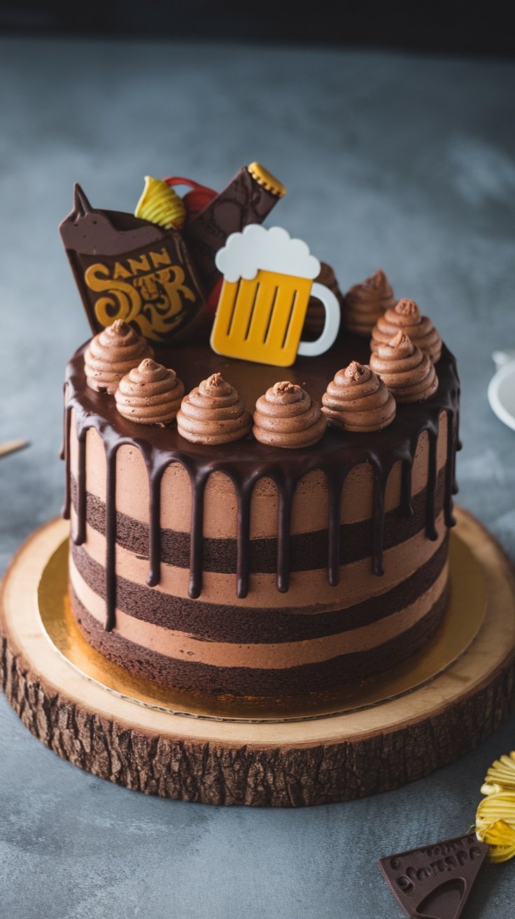 Chocolate stout layer cake decorated with chocolate frosting and beer-themed decorations.