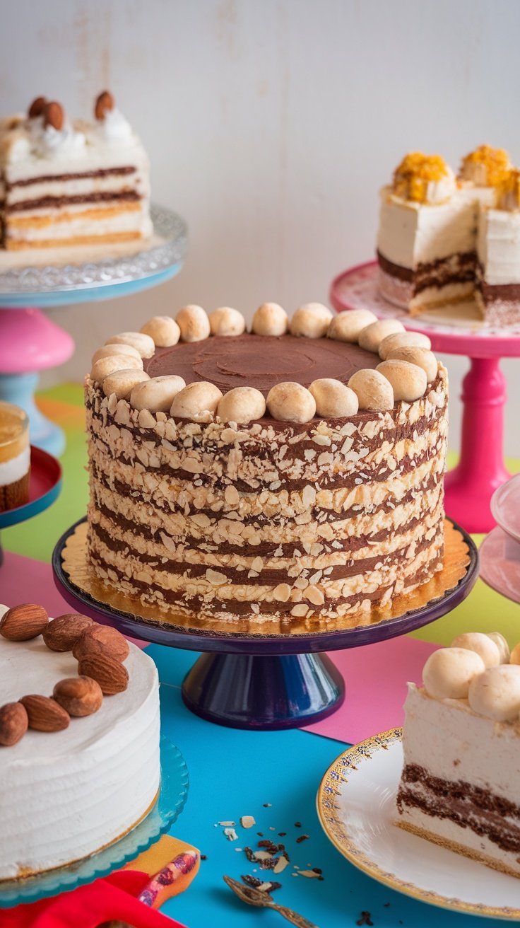 A beautifully layered chocolate cake topped with almonds and coconut.