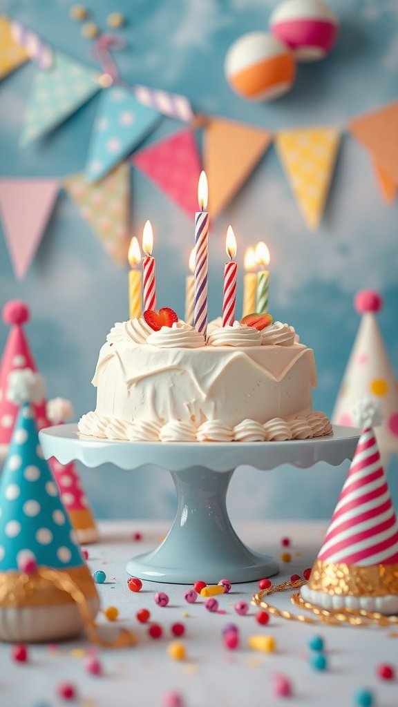 A beautifully decorated birthday cake with candles surrounded by colorful party hats and festive decorations. birthday phone wallpaper