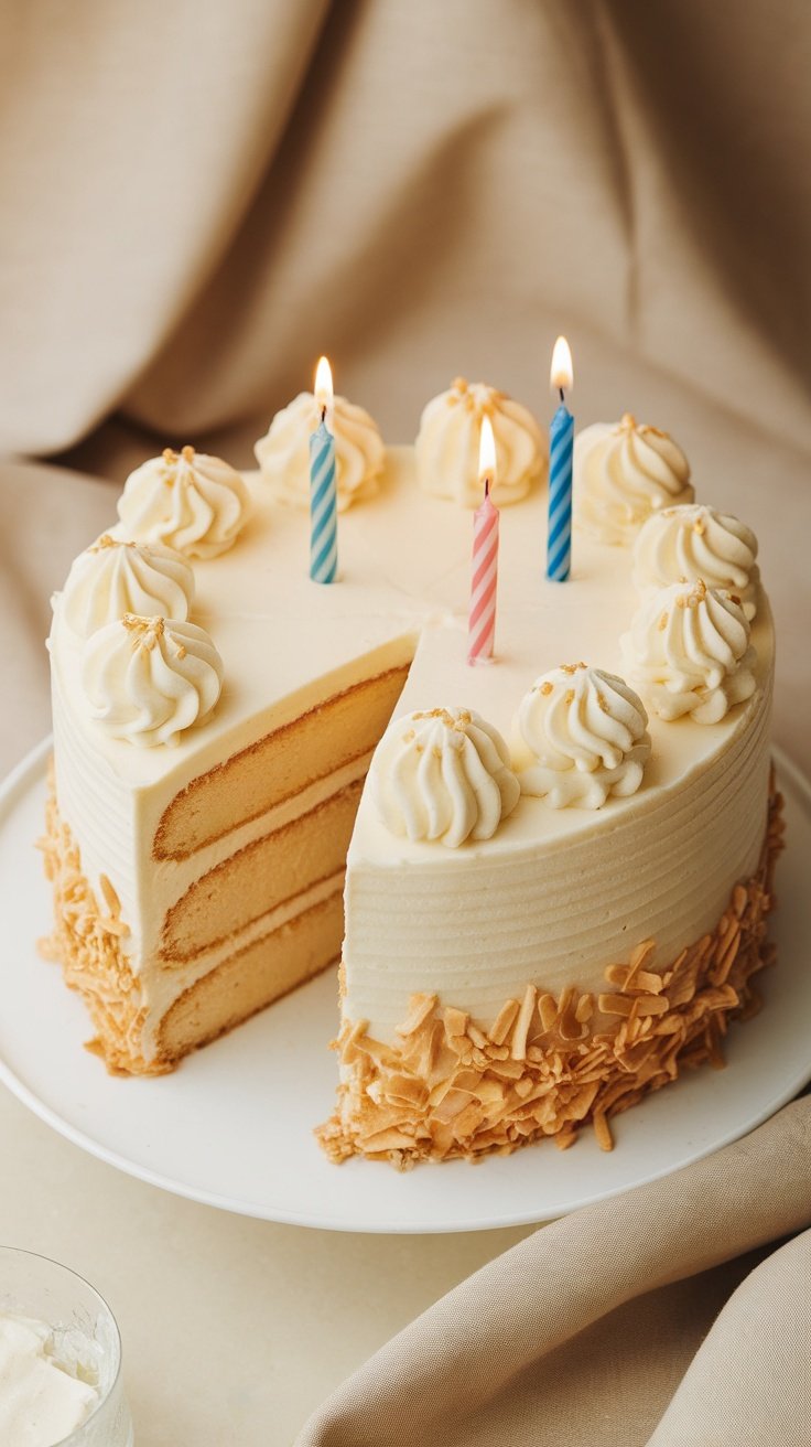 Classic vanilla buttercream frosting on a birthday cake