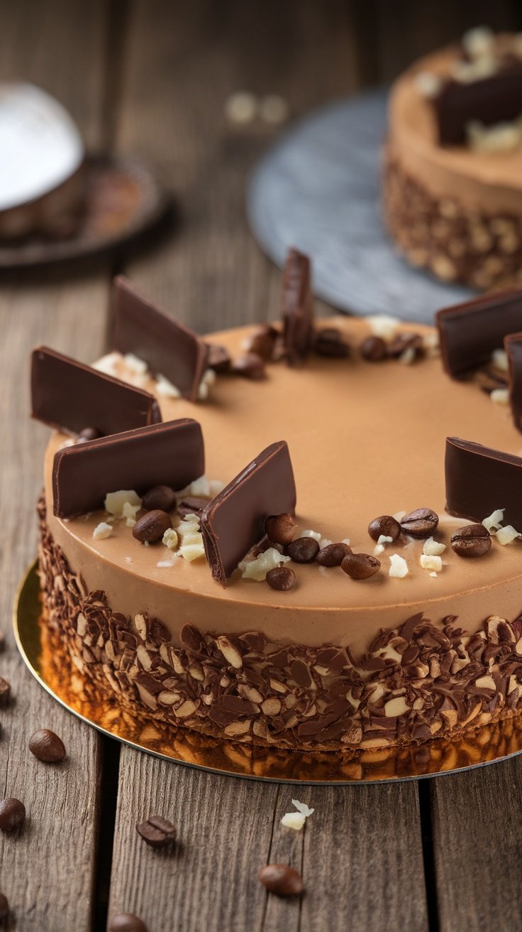 A delicious coffee and hazelnut torte garnished with chocolate and nuts.