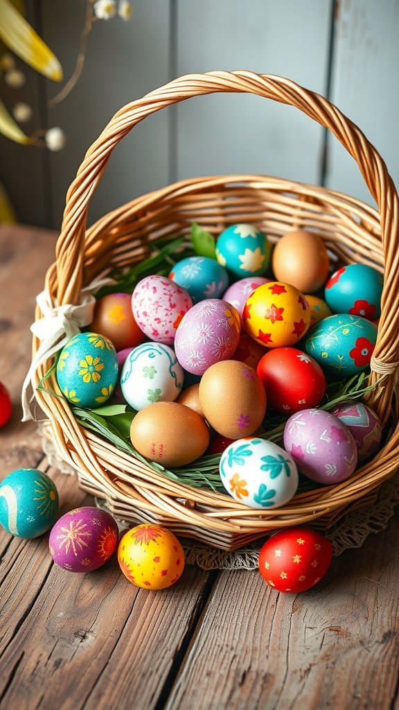 A colorful basket filled with decorated Easter eggs on a wooden surface.