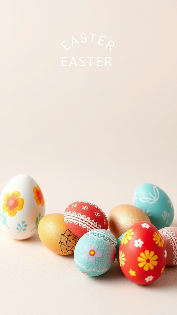 Colorful Easter eggs with floral and geometric designs on a soft background.