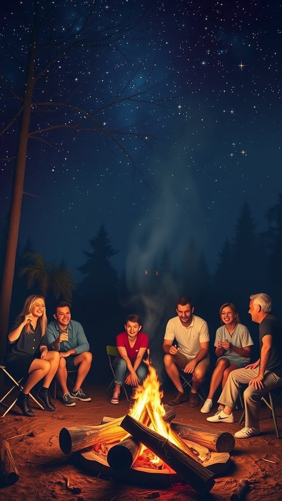 Group of friends gathered around a campfire under a starry sky