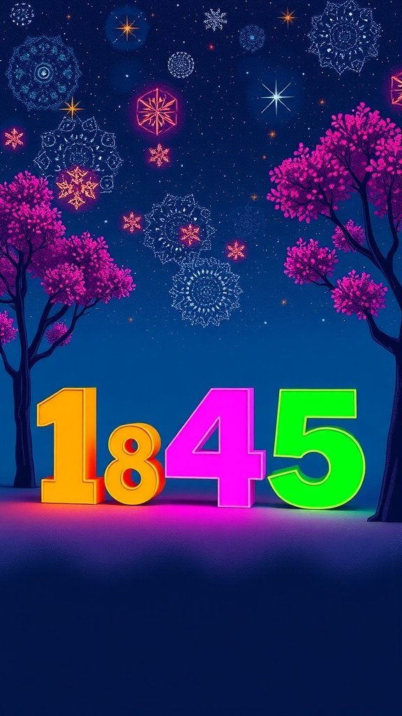 Colorful birthday phone wallpaper featuring the numbers 1845 against a starry night background with trees.