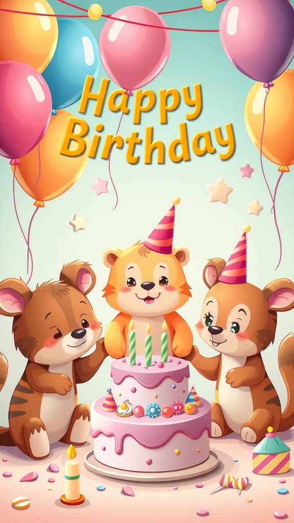 Cute animals celebrating a birthday with a cake and balloons