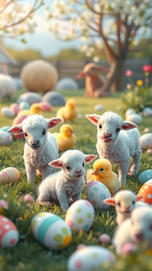 A scene with cute baby lambs and a chick surrounded by colorful Easter eggs in a sunny farm setting.