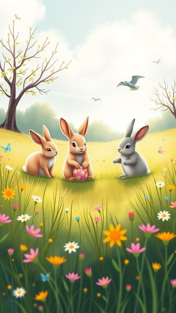 Illustration of three cute bunnies in a flower-filled meadow during Easter