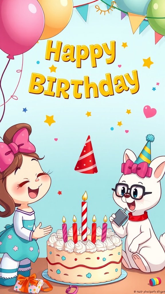 A cute cartoon design featuring a girl and a cat celebrating a birthday with cake and balloons.