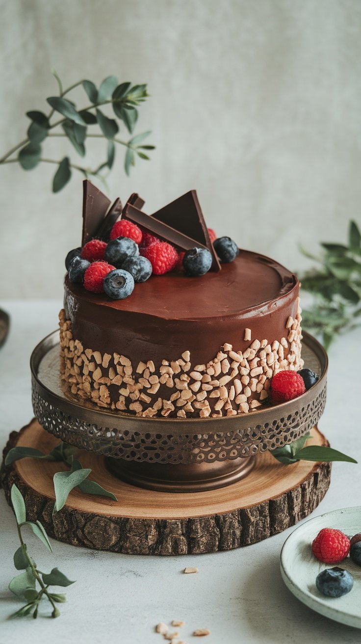 Decadent chocolate ganache cake decorated with berries. birthday cakes for women 