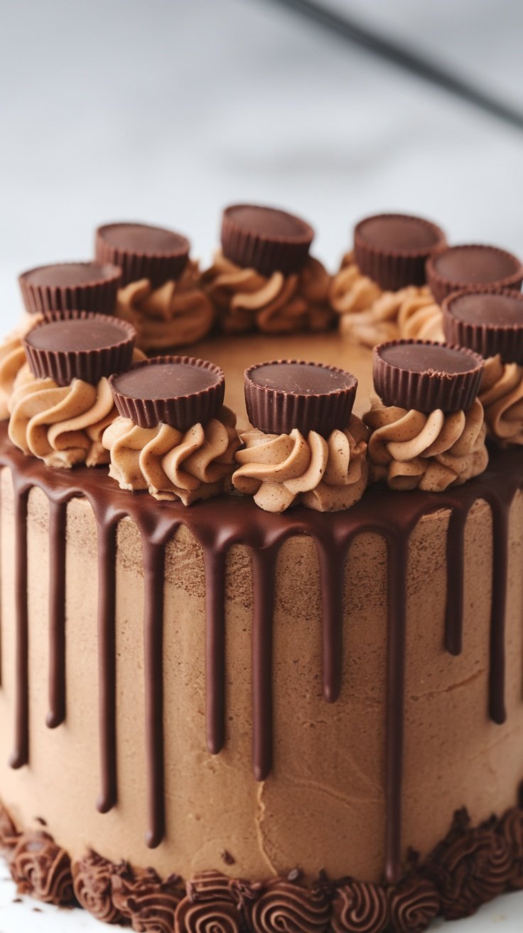 A beautifully frosted peanut butter cup cake with mini peanut butter cups on top.