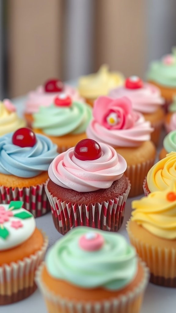 A variety of colorful cupcakes with different toppings and decorations.