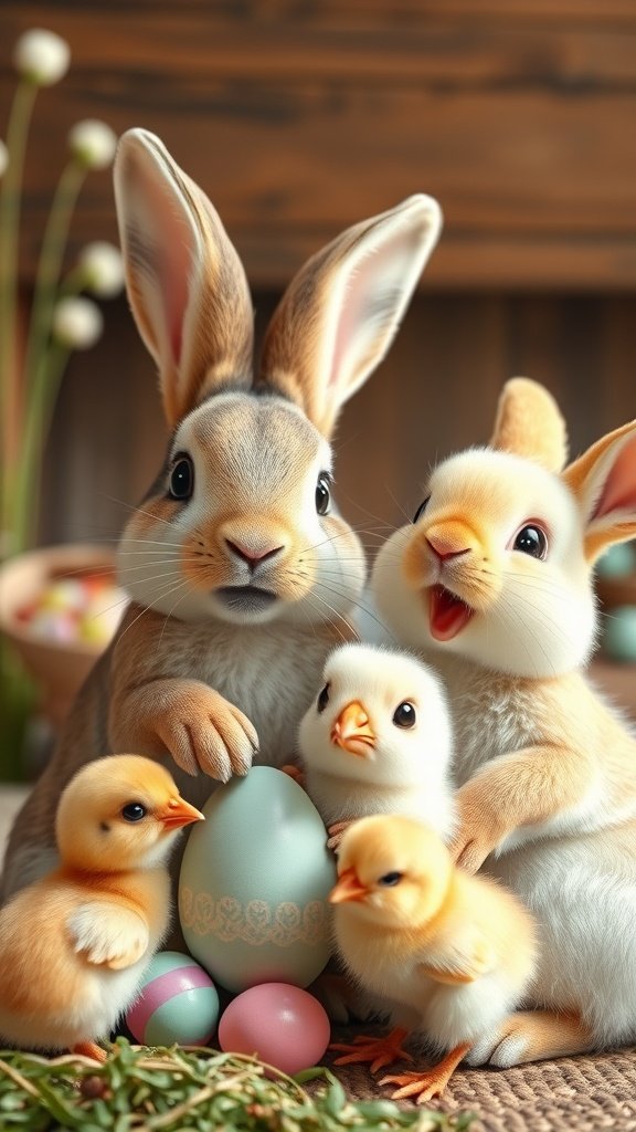A pair of bunnies with chicks around colorful Easter eggs