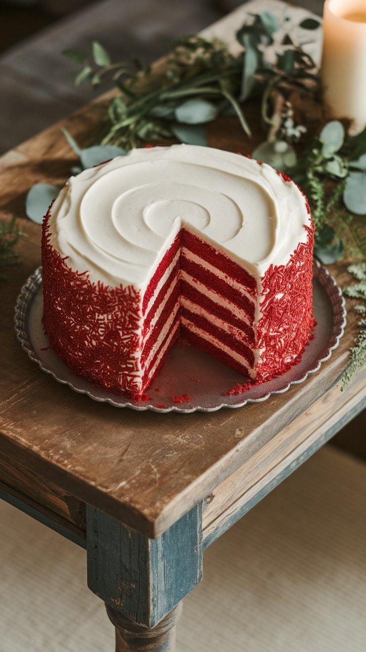 A red velvet layer cake with cream cheese frosting, cut to reveal its layers. birthday cakes for women 