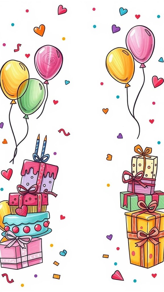 Colorful doodles of balloons and gifts for a birthday theme