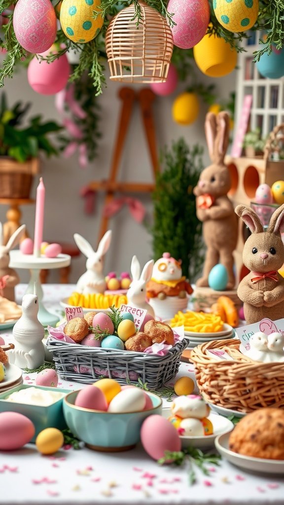 A colorful Easter celebration setup with decorated eggs, bunny figurines, and festive treats.