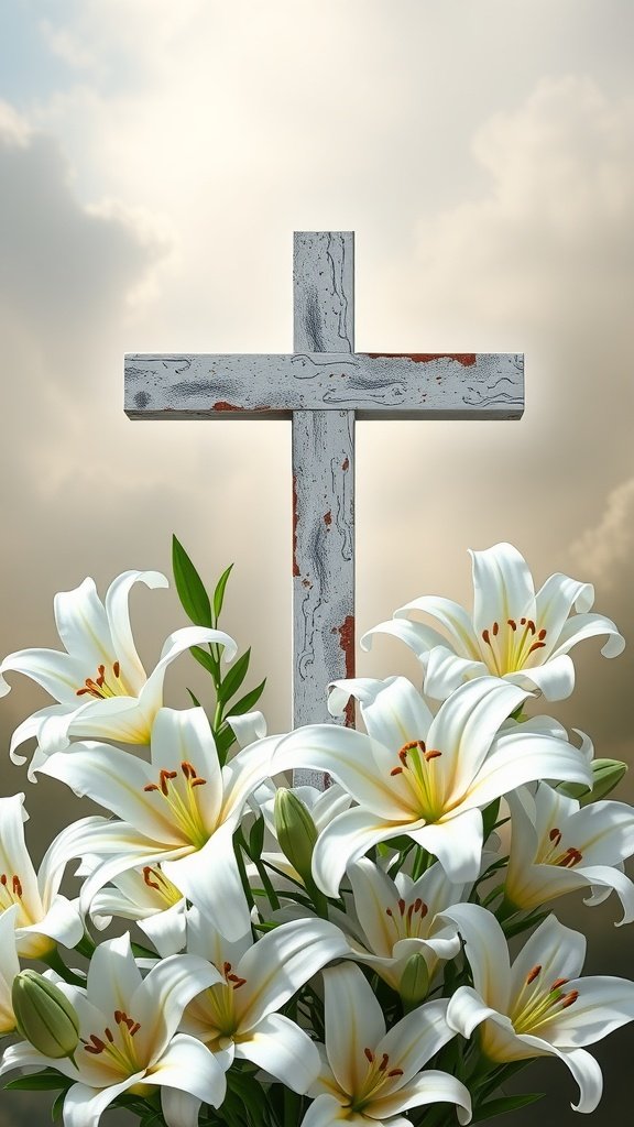 A wooden cross surrounded by white lilies under a cloudy sky