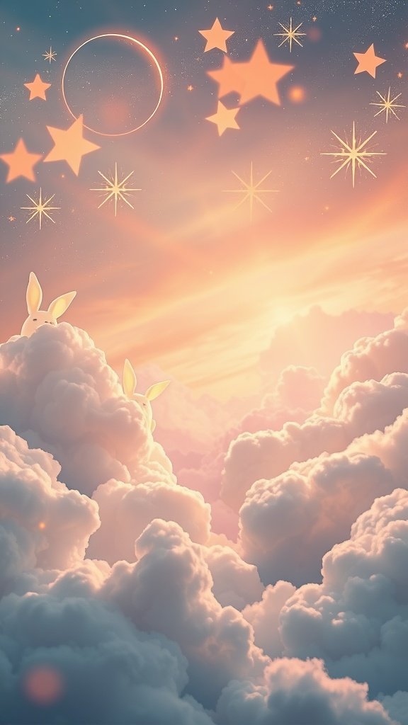 A dreamy sky with soft clouds, bunnies, stars, and a crescent moon, perfect for Easter wallpapers.