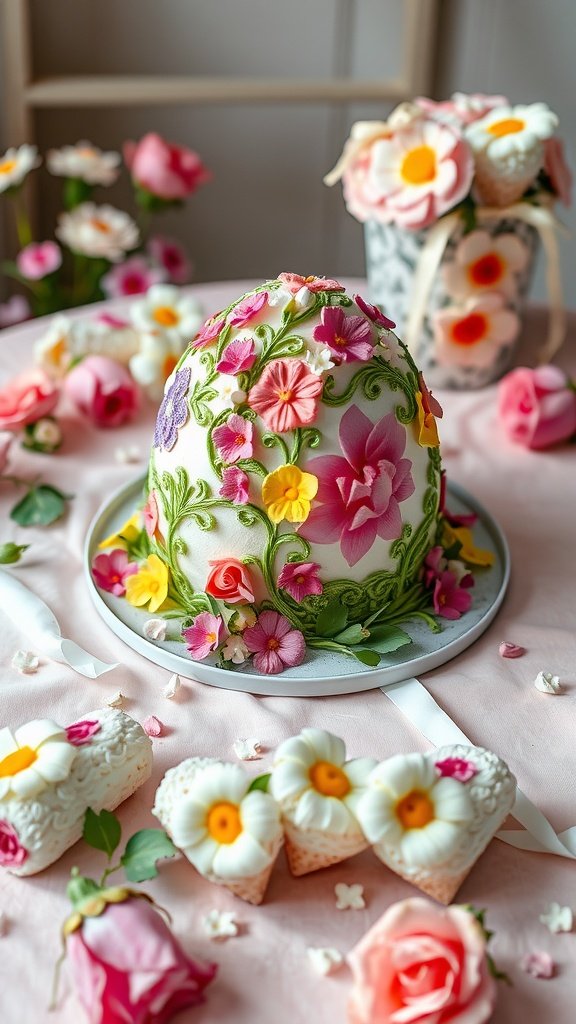 A beautifully decorated Easter egg cake with flowers, surrounded by floral decorations and sweets.