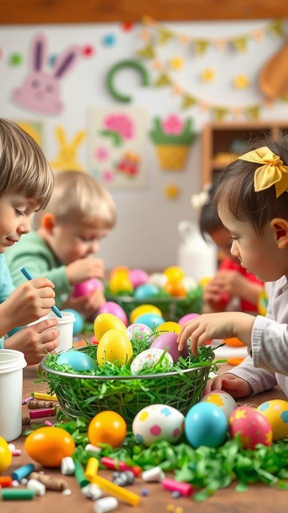 Children decorating Easter eggs with colorful materials on a festive table.