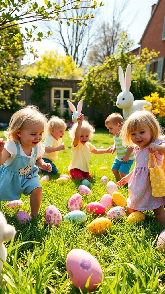 Children joyfully hunting for Easter eggs in a vibrant garden