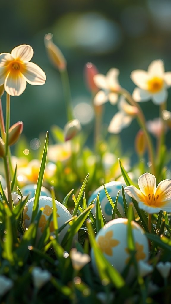 Colorful Easter eggs among blooming flowers in a grassy field
