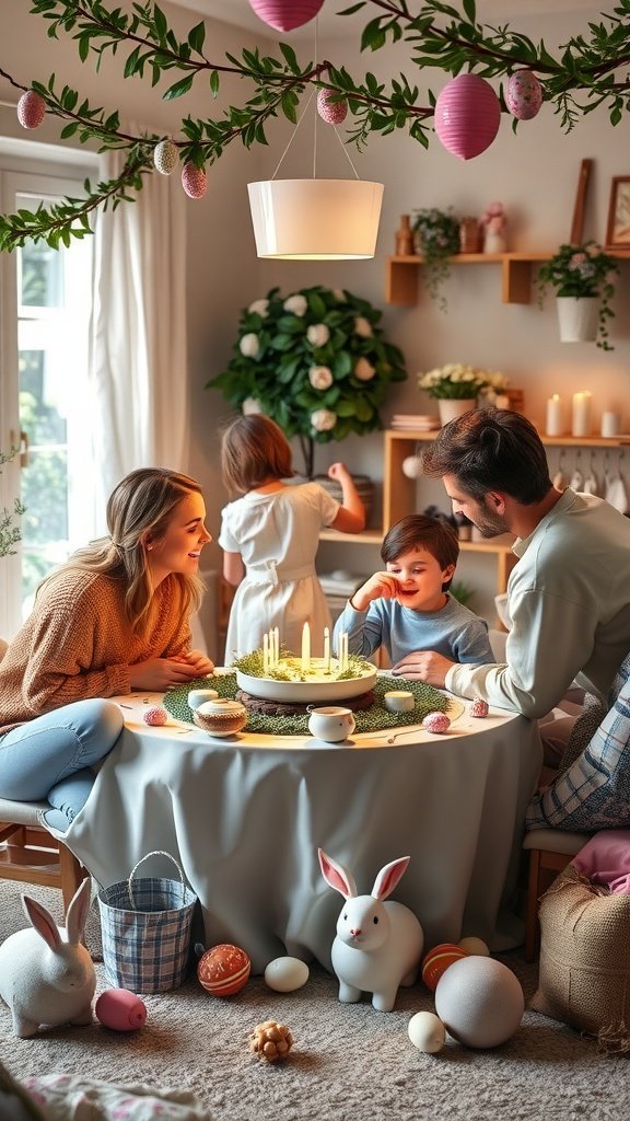 A family celebrating Easter together with decorations and a festive table setting.