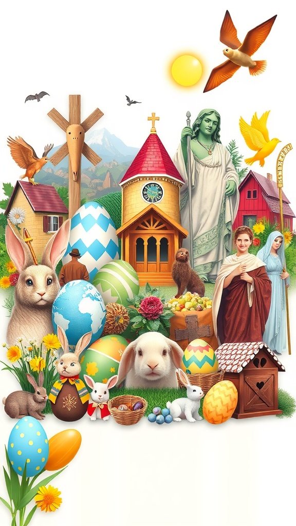A colorful and illustrative representation of Easter traditions, featuring eggs, bunnies, flowers, and a festive atmosphere.