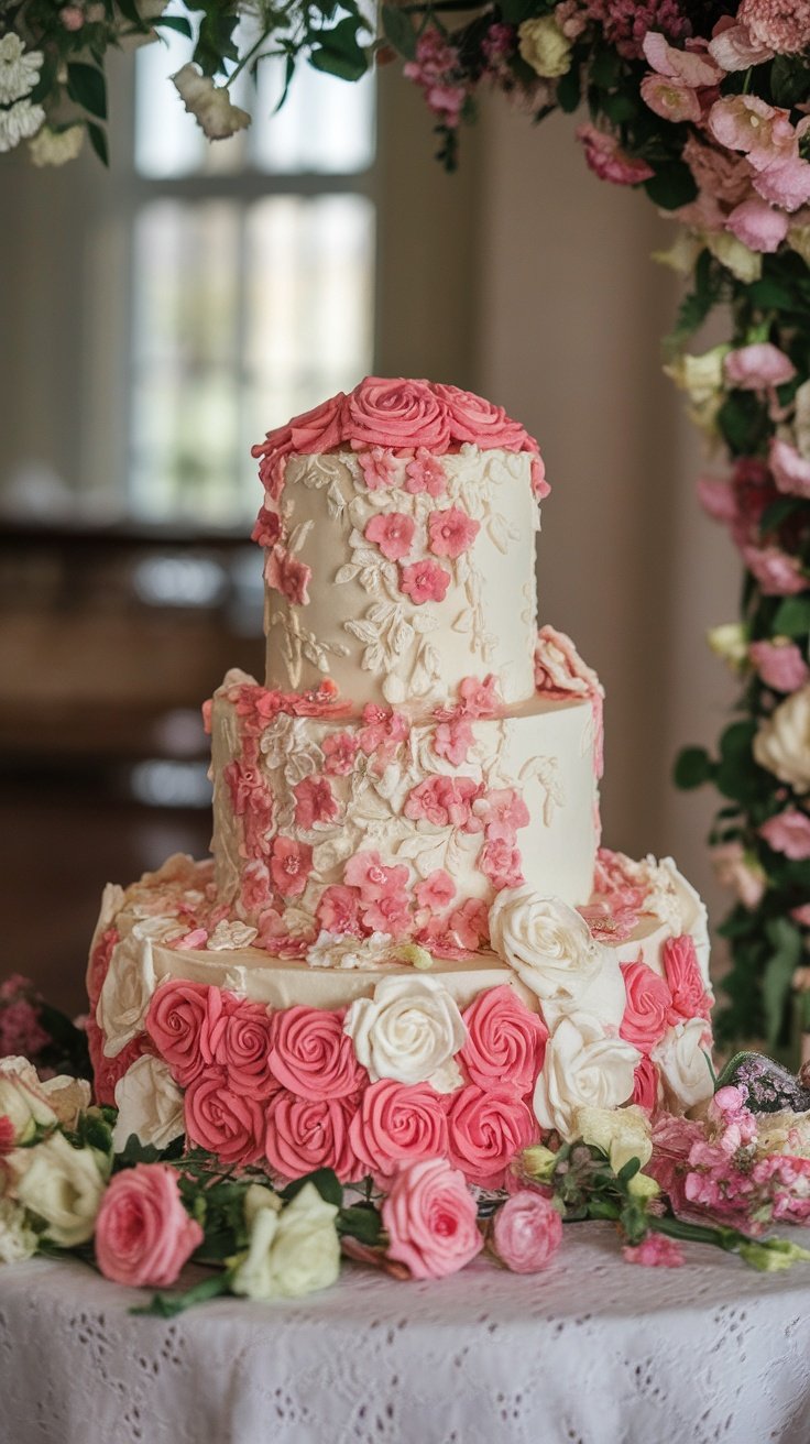 Elegant floral design cake with pink and white decorations