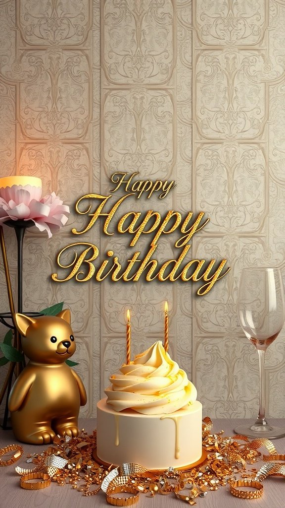 Elegant birthday decor featuring a cake, golden accents, and a cheerful message.