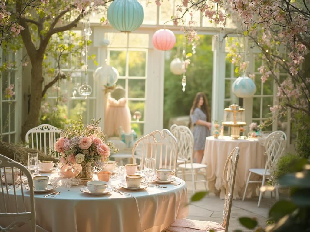 A whimsical garden conservatory set for a children's tea party, featuring vintage tables with pastel tablecloths, bone china teacups, fresh flower garlands, crystal prisms casting rainbows, and pastel paper lanterns with fairy lights, during golden hour.