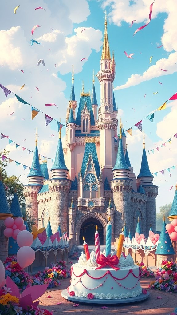 A colorful fantasy castle with a birthday cake in front, surrounded by decorations.