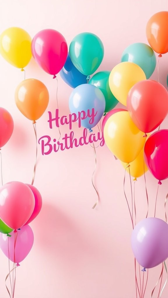 Colorful balloons with a 'Happy Birthday' message on a pink background.