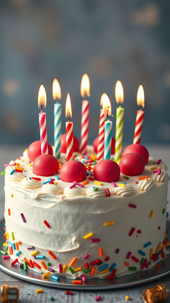 A birthday cake with colorful sprinkles and lit candles.