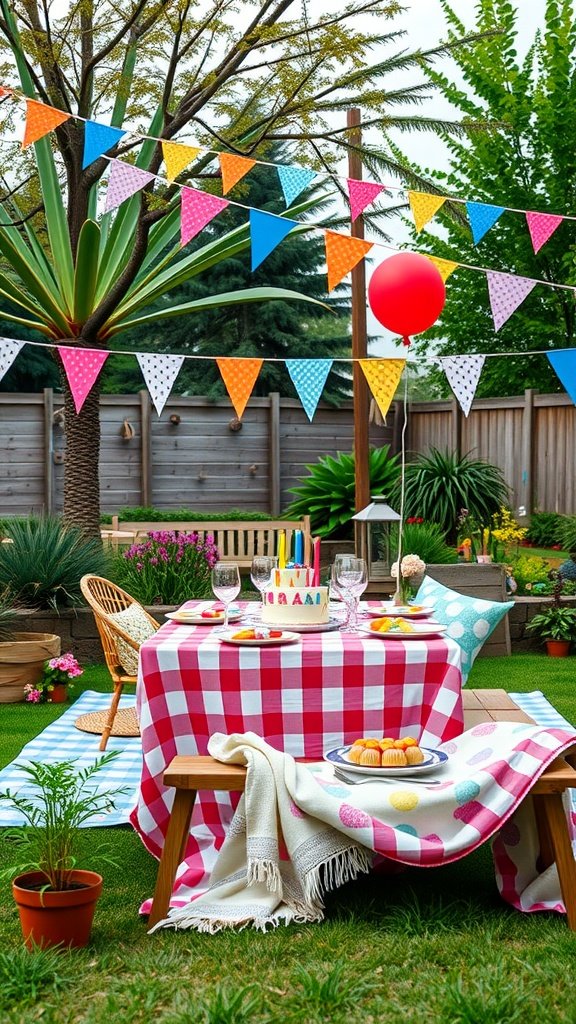 A colorful picnic setup with balloons, bunting, and a birthday cake.