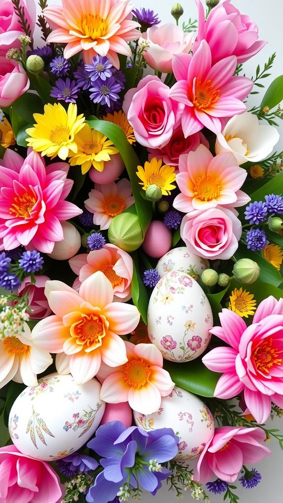 A colorful floral arrangement featuring pink lilies, daisies, and decorated Easter eggs.