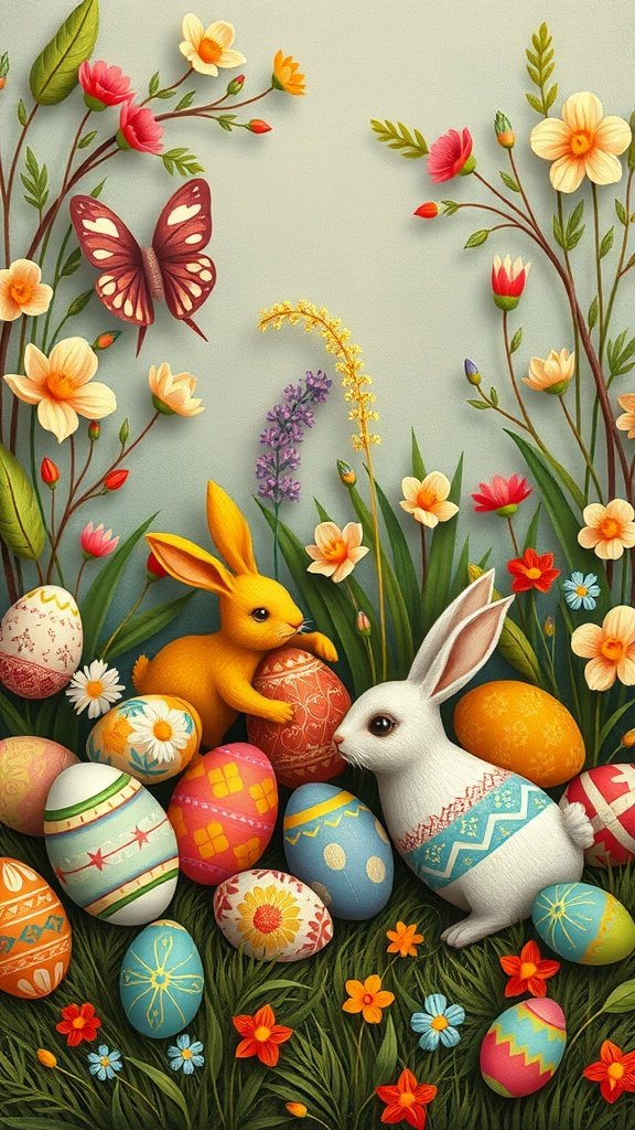 Two bunnies and decorated Easter eggs surrounded by flowers and a butterfly.