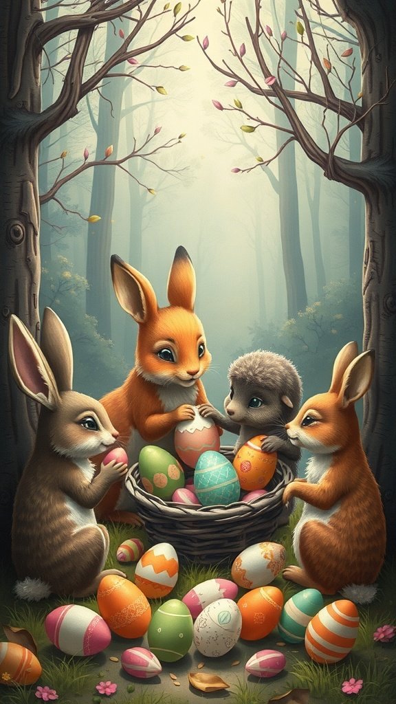 A group of cute forest animals, including bunnies and a hedgehog, celebrating Easter with colorful eggs in a serene forest setting.