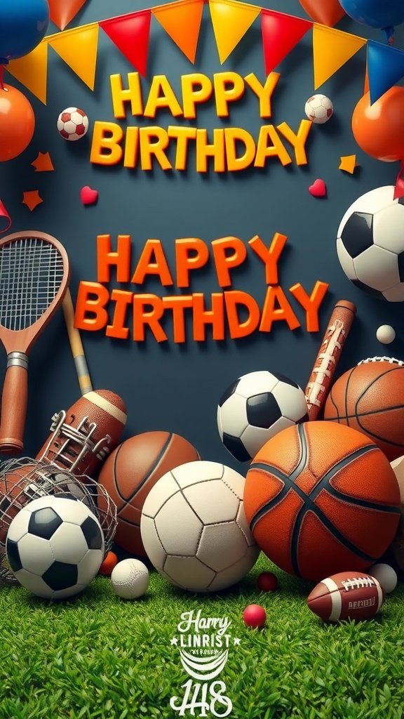 Colorful birthday phone wallpaper with sports balls and equipment.