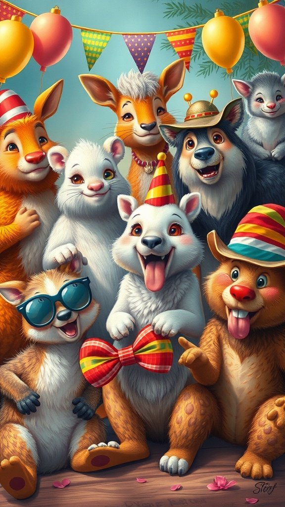 A vibrant birthday party scene with various cute animals wearing party hats and accessories.