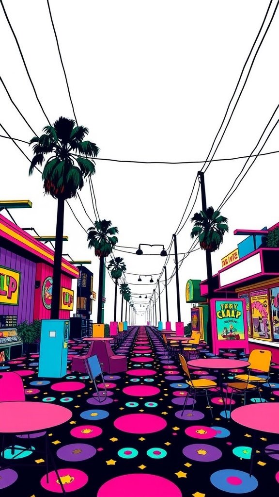 Colorful and funky retro street scene with palm trees and vibrant patterns.