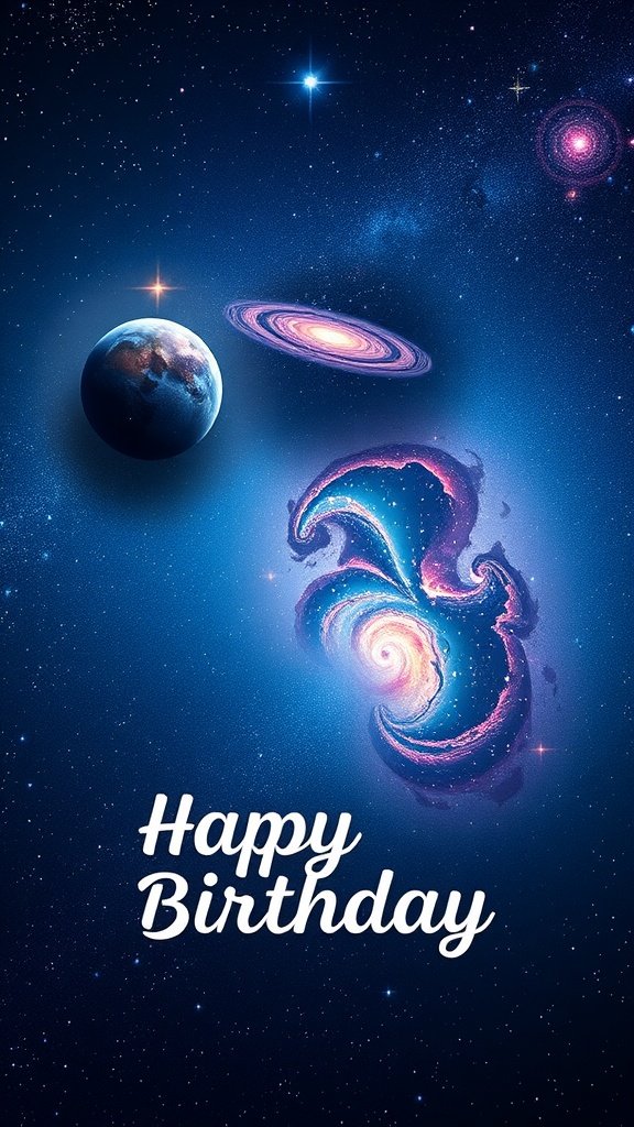 Colorful galaxy-themed birthday phone wallpaper with planets and stars. birthday phone wallpaper