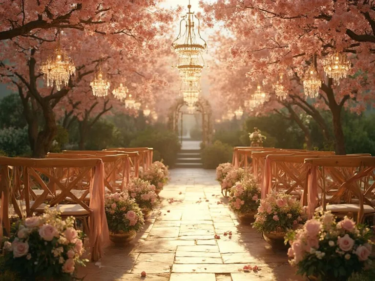 A picturesque garden wedding ceremony at golden hour with a flower-lined pathway, wooden chairs with silk ribbons, cherry blossoms, crystal chandeliers, and lush floral arrangements in vintage brass vessels, all under warm sunlight.