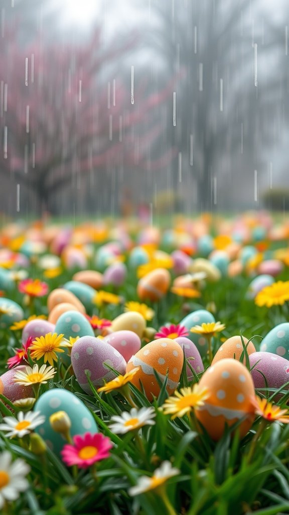 Colorful Easter eggs in a garden during gentle rain, surrounded by flowers and blossoming trees.