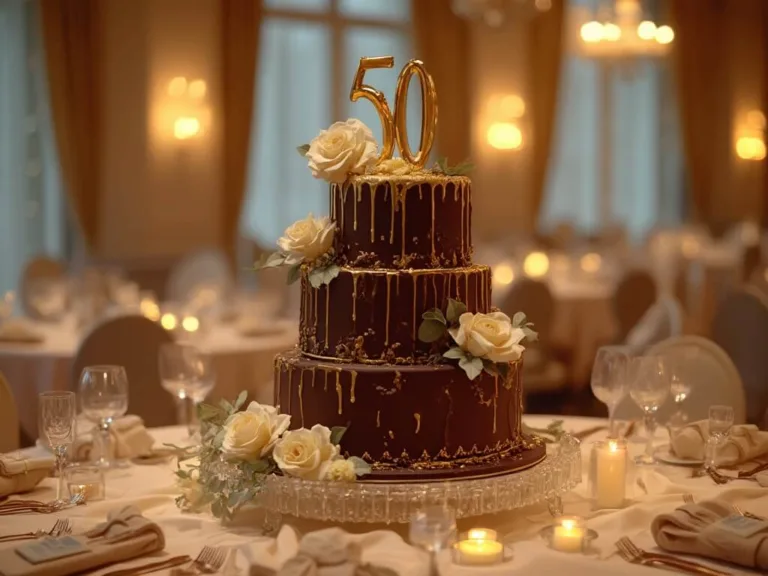 Photorealistic image of a three-tiered chocolate cake with dark chocolate ganache and gold leaf details in an elegant ballroom; featuring a white chocolate "50" topper, fresh roses, and eucalyptus, displayed on a crystal stand over a champagne silk tablecloth, with a backdrop of place settings, floating candles, and large windows.