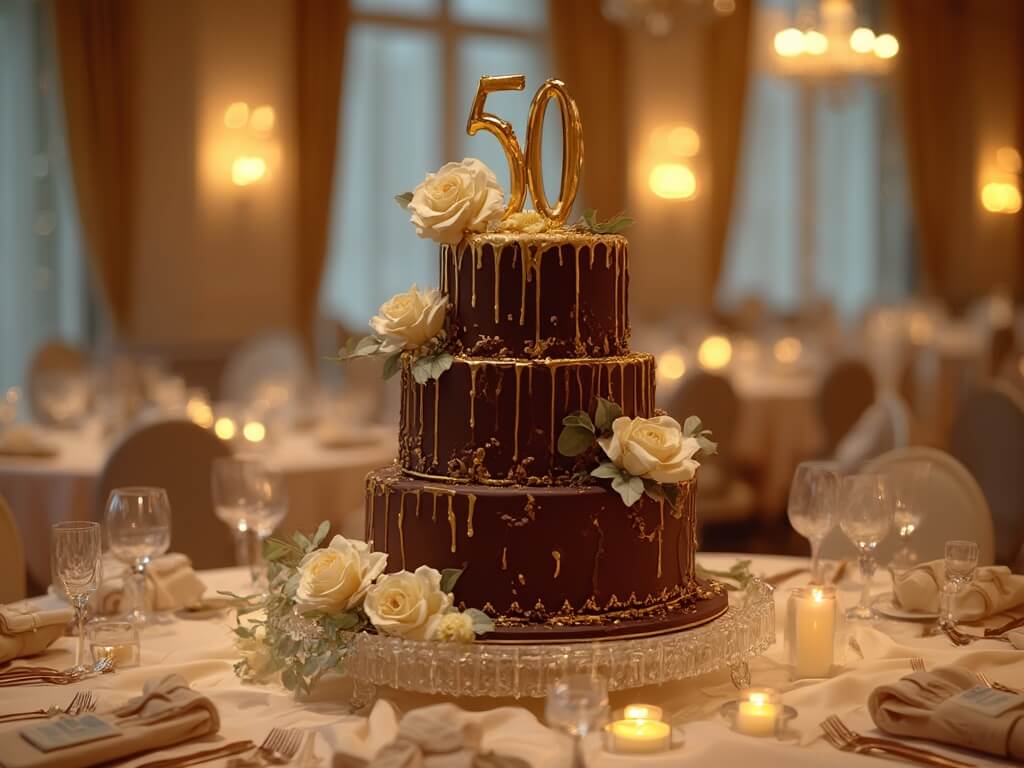 Photorealistic image of a three-tiered chocolate cake with dark chocolate ganache and gold leaf details in an elegant ballroom; featuring a white chocolate "50" topper, fresh roses, and eucalyptus, displayed on a crystal stand over a champagne silk tablecloth, with a backdrop of place settings, floating candles, and large windows.