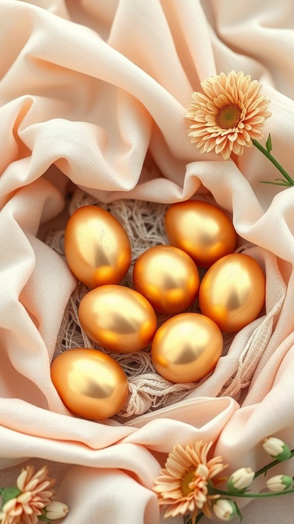 A collection of golden eggs resting in soft peach fabric, surrounded by flowers.